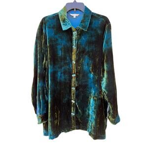 John Mark Tie Dye Velvet Button Down Celebration Tunic Dark Peacock Blue XL